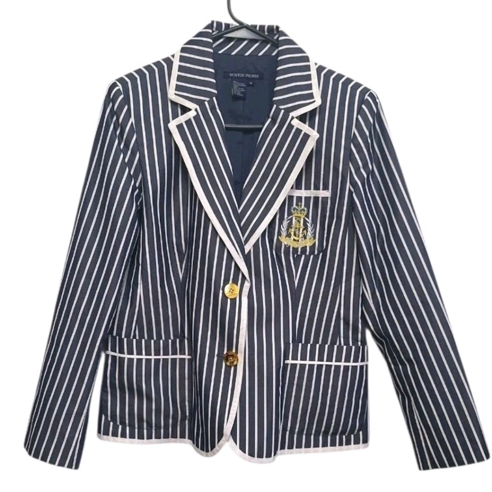 Boston Proper Navy striped two Gold buttons 3 pockets Women's Blazer Size 10 - Picture 3 of 11